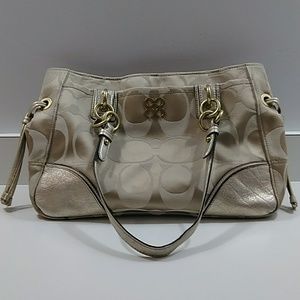 Used Coach Purse Gold/Beige color Purple Interior